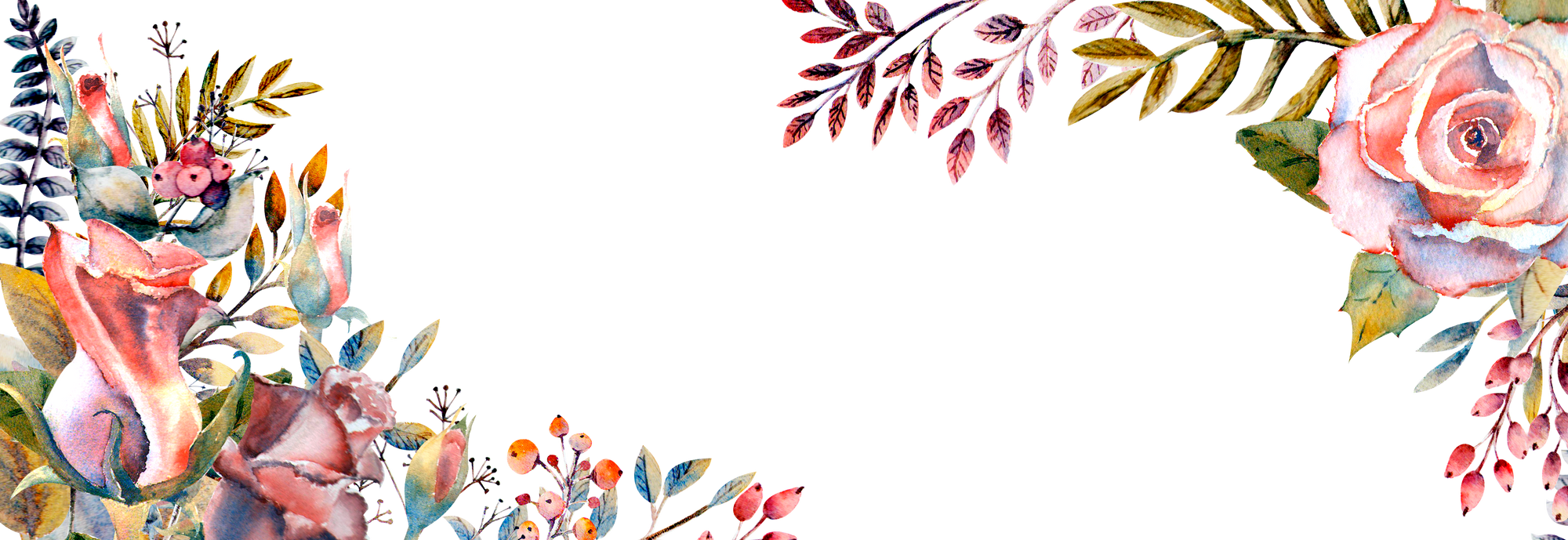 Frame with Watercolor Pink Rose Flowers Green Leaves Red Berries